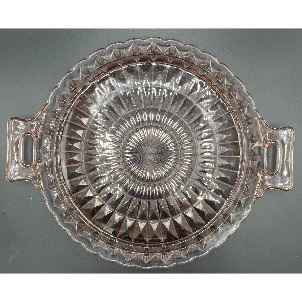 VTG Windsor Depression Diamond 10” Pink Handle Platter Cake Jeanette Glass MCM - Picture 2 of 5